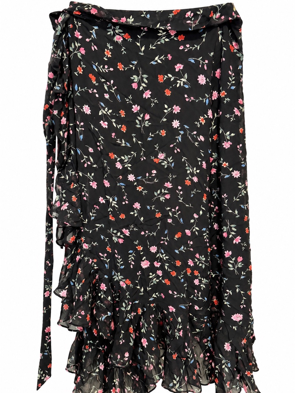 GANNI Ruffle Wrap Skirt - Black with Pink & Red Floral